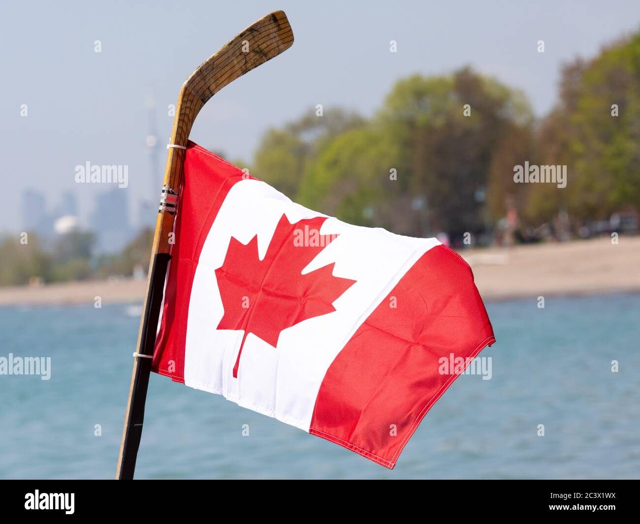 Festa del Canada sulla spiaggia con una bandiera canadese su un bastone da hockey con lo skyline di Toronto in lontananza Foto Stock