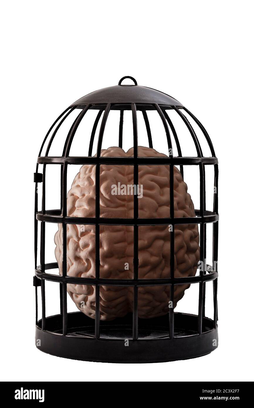 Psichiatria e psicologia, mente impotente e stato mentale senza speranza, coscienza e depressione idea concettuale con un cervello umano in una gabbia oscura iso Foto Stock