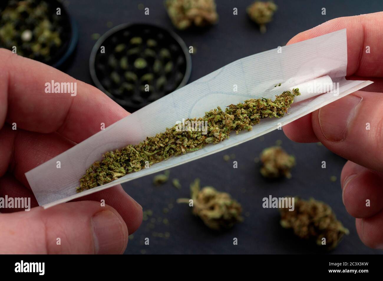 Preparare un tema di concetto di paraphernalia comune e droga con mani di uomo ravvicinato rotolando un giunto con la trave di erbe per macinare un germogli di cannabis nel Foto Stock