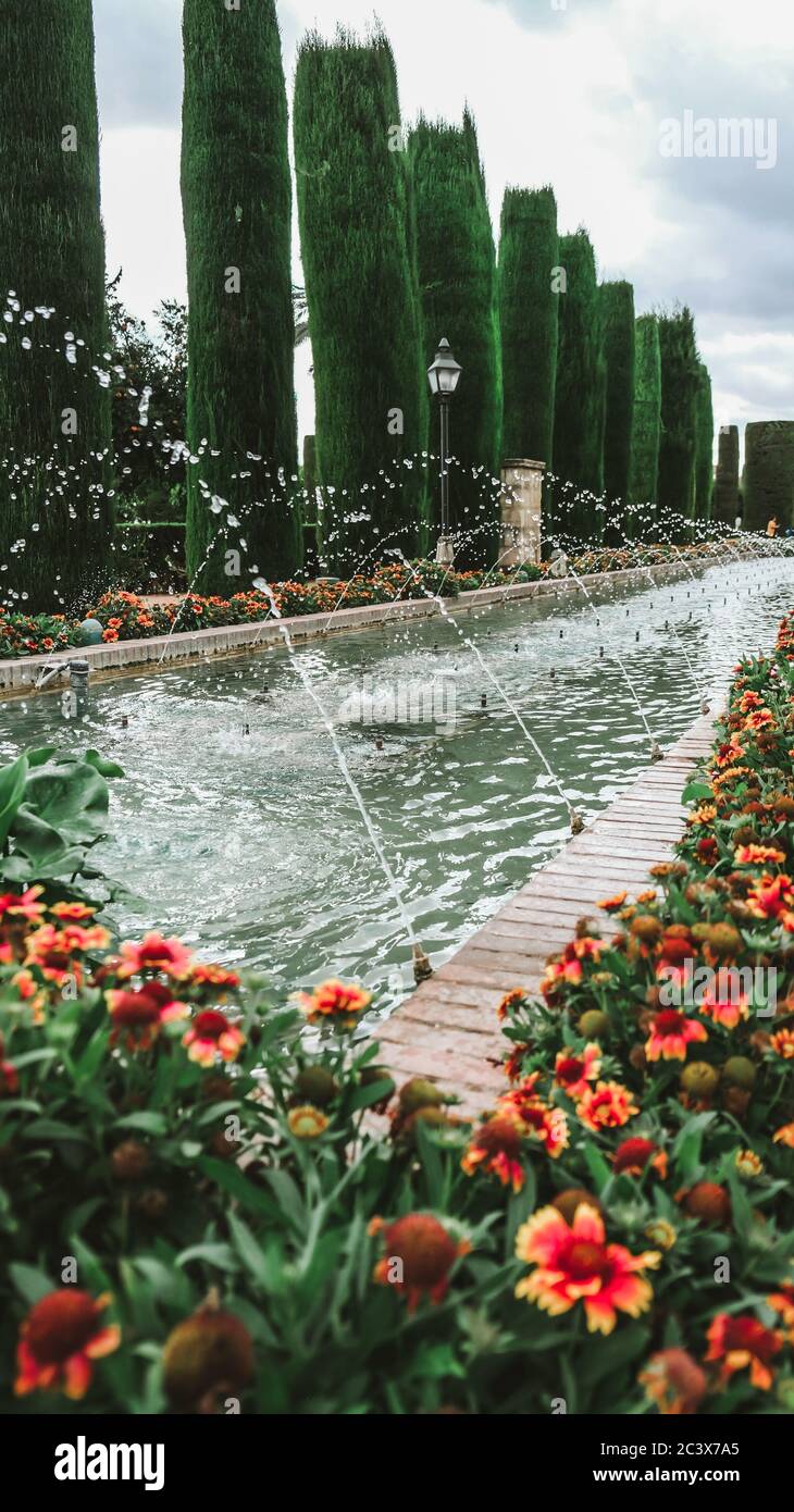 Cordova / Spagna - Ottobre 2019: Bella piscina con fontane in un giardino della famosa fortezza Alcázar de los Reyes Cristianos in Andalusia. Primo piano Foto Stock