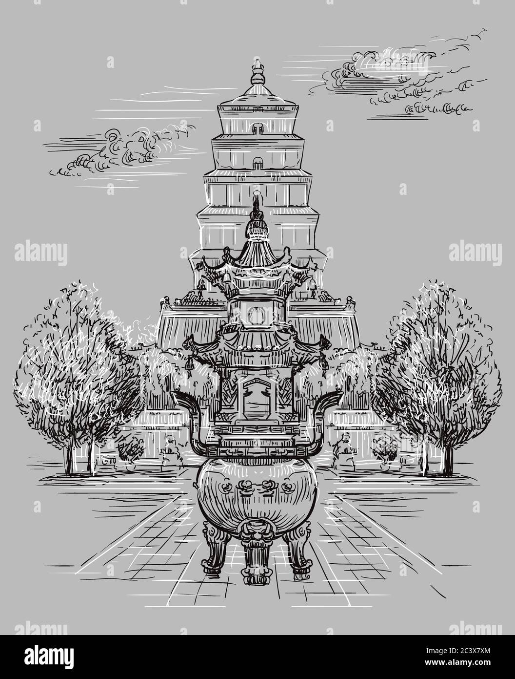 La Pagoda della Grande Oca selvaggia nel sud di Xi'an, provincia di Shaanxi, punto di riferimento della Cina. Illustrazione dello schizzo vettoriale disegnata a mano in colori monocromatici isolati su g. Illustrazione Vettoriale