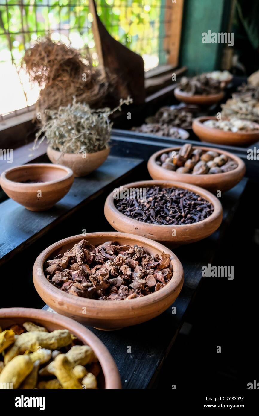 Varie spezie su un tavolo al coperto in Giardino delle Spezie, Kandy, Sri Lanka. Ciotole con curcuma, cannella e altri sapori naturali per la preparazione di alimenti Foto Stock
