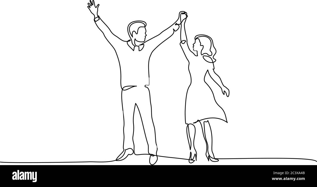 Disegno continuo di una linea. Coppia felice in piedi e tenendo le mani insieme. Illustrazione vettoriale Illustrazione Vettoriale