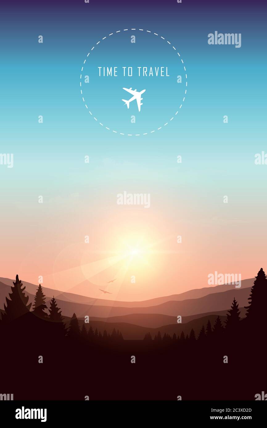 Tempo di viaggiare bello tramonto a paesaggio di montagna vettore illustrazione EPS10 Illustrazione Vettoriale