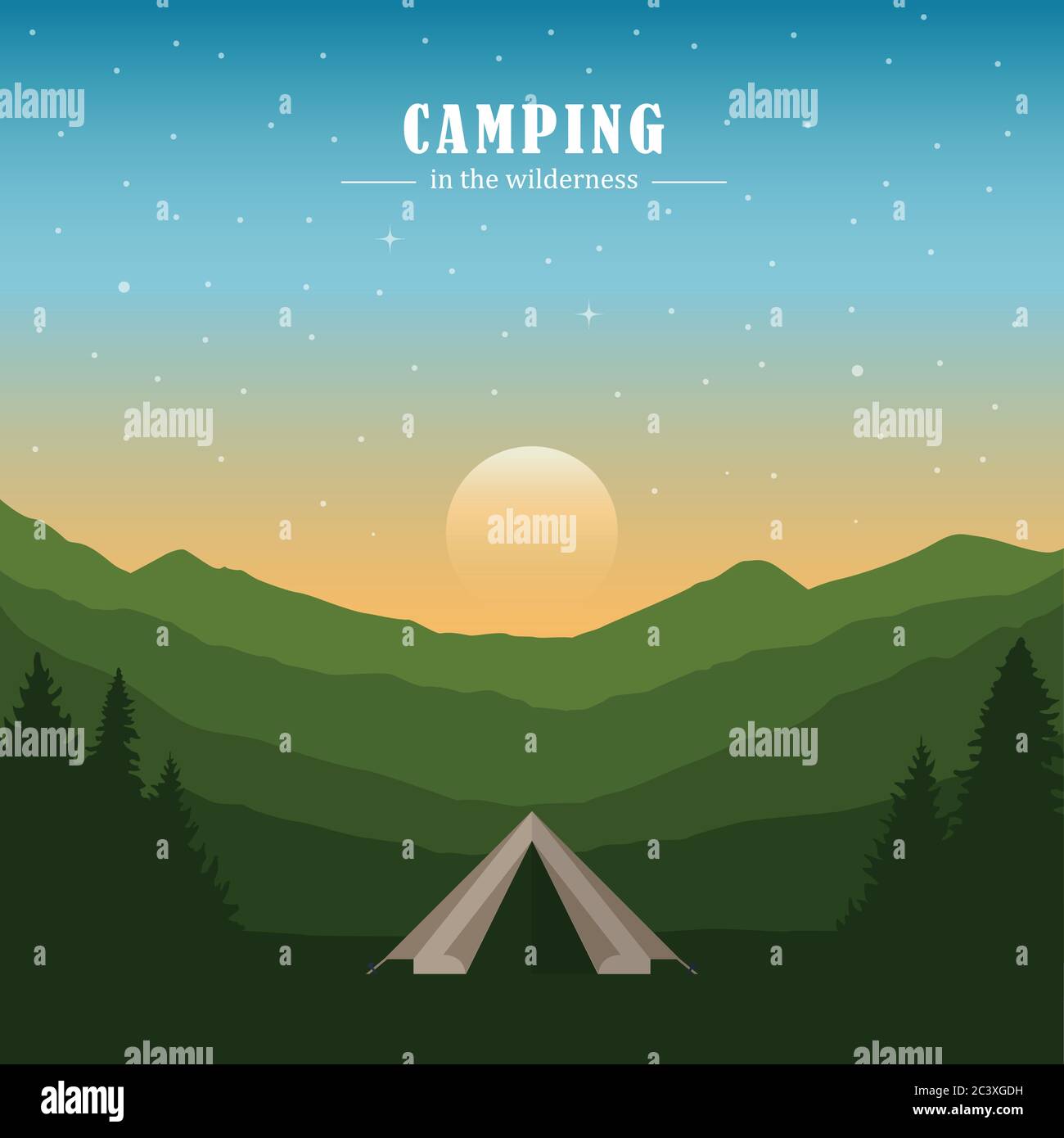 Avventura in campeggio nella tenda selvaggia nella foresta in montagna paesaggio vettore illustrazione EPS10 Illustrazione Vettoriale