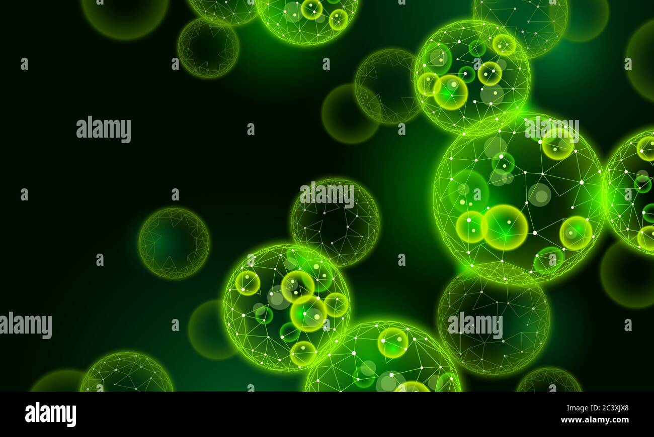 Macro 3D realistica colonia di cellule di clorella. Supplemento alimentare di biocarburante a energia verde. Fonte di clorofilla dieta sana. Batteri di alghe verdi della pianta Illustrazione Vettoriale