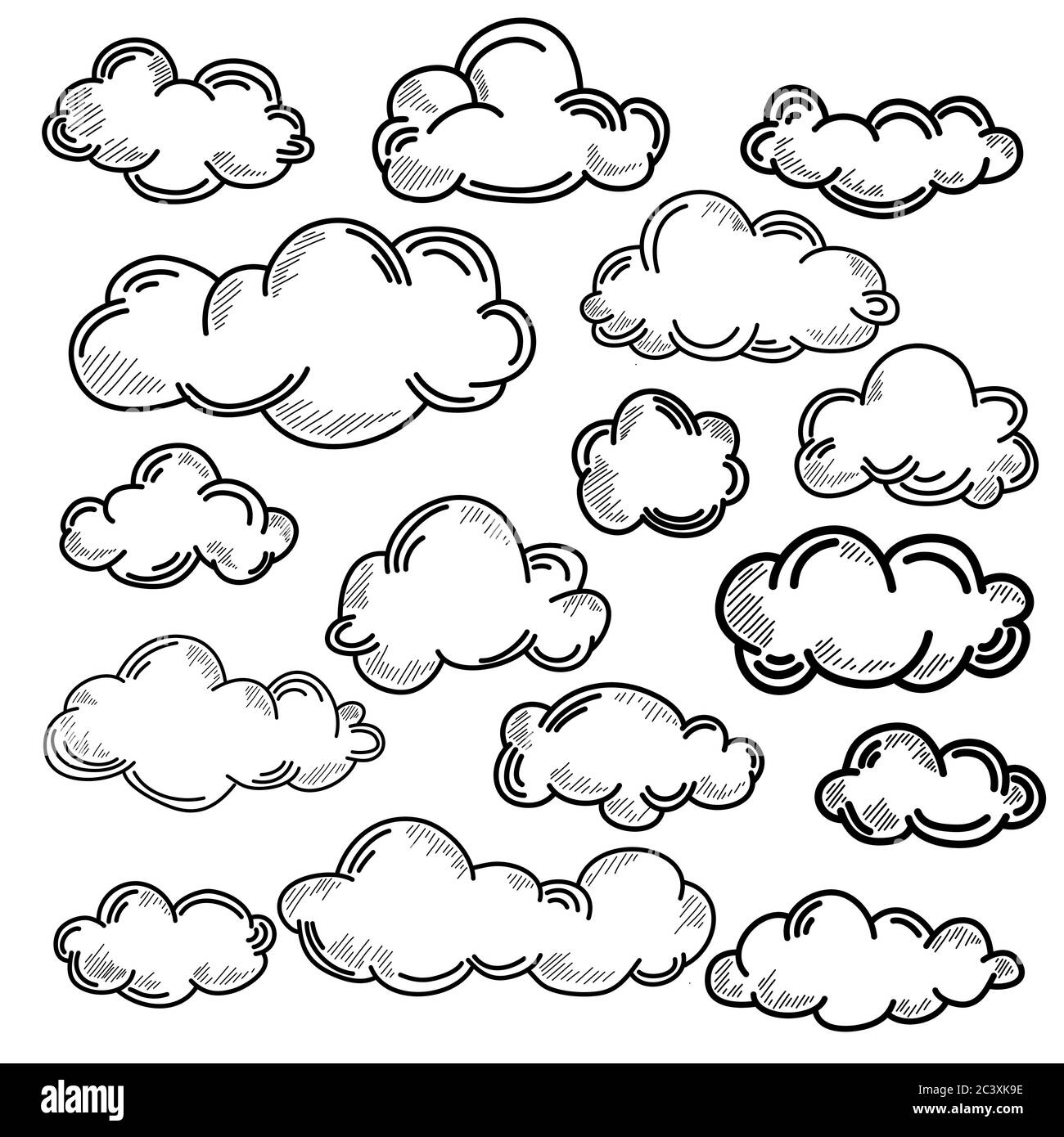 Disegnare a mano la collezione meteo. Illustrazione vettoriale di stile piatto. Nubi doodle Set. Contorno del paesaggio nuvoloso stilizzato nel cielo. Illustrazione Vettoriale