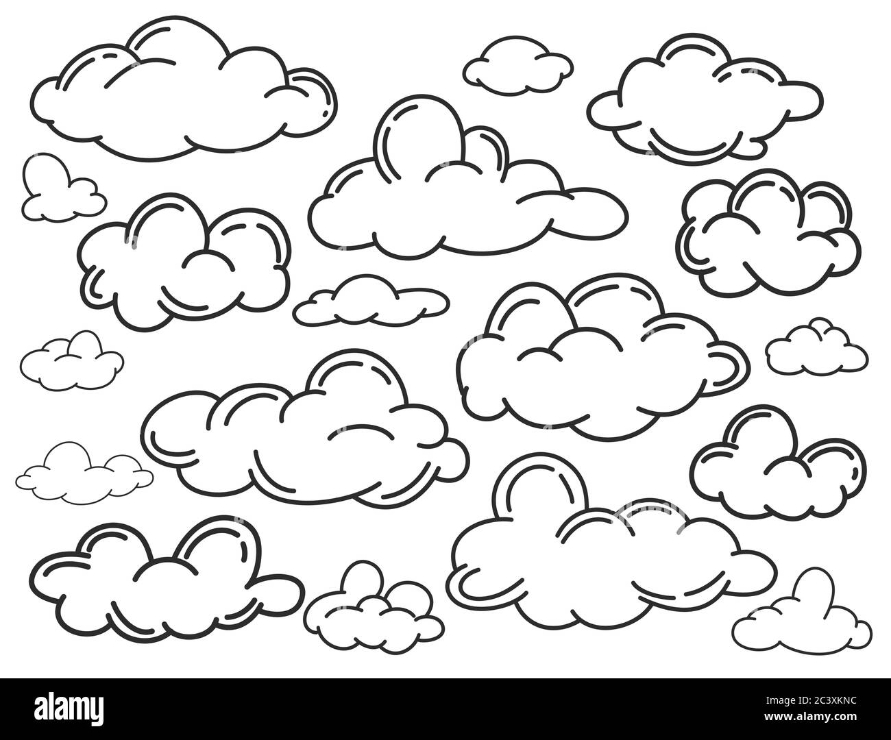 Disegnare a mano la collezione meteo. Illustrazione vettoriale di stile piatto. Nubi doodle Set. Contorno del paesaggio nuvoloso stilizzato nel cielo. Illustrazione Vettoriale