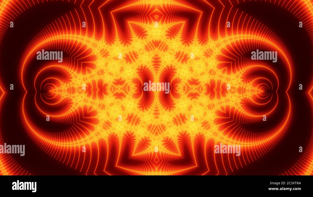 Zoom avanti e indietro di Trippy Psychedelic Fiery Fractal Shape Pattern - Abstract background Texture Foto Stock