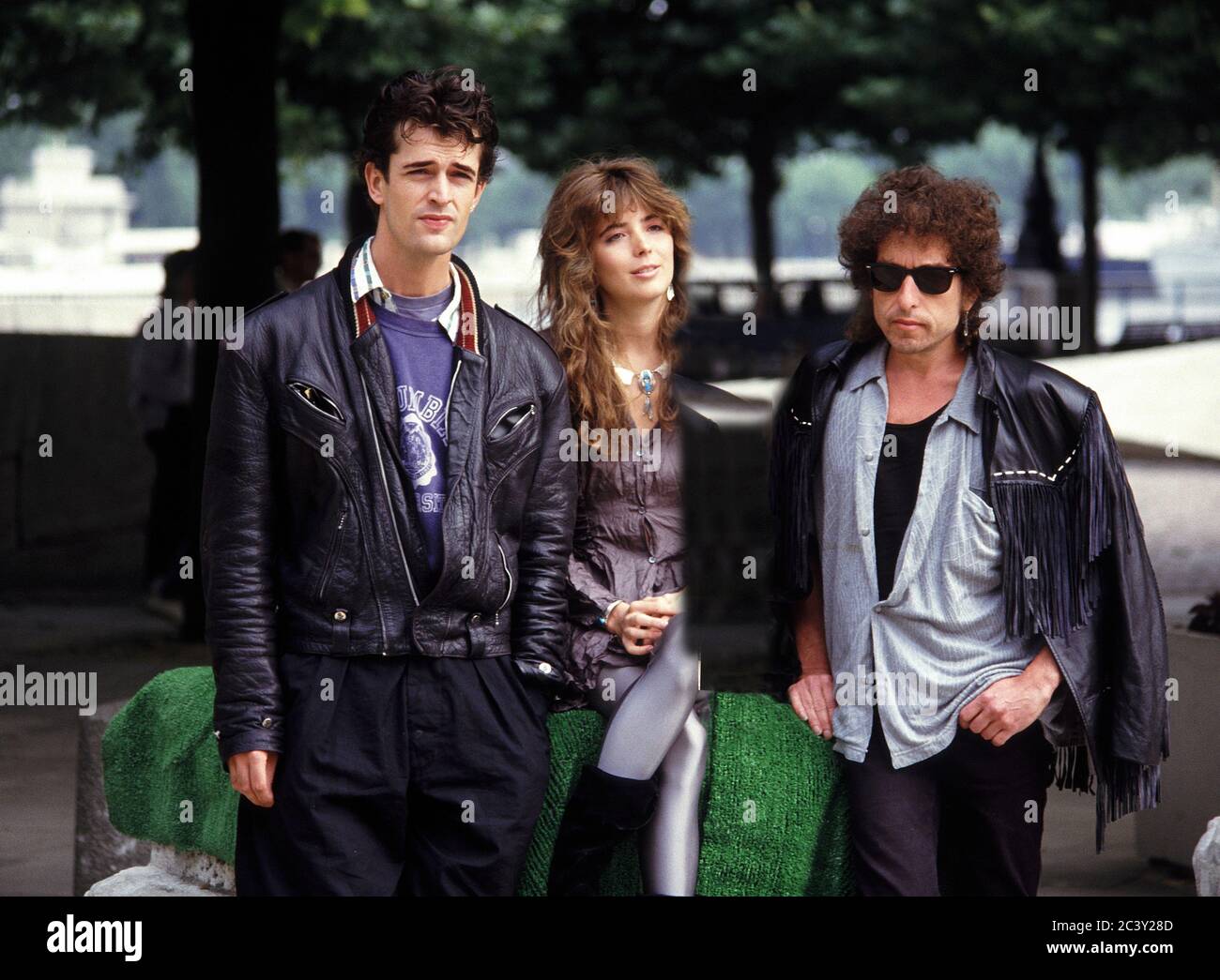 Bob Dylan, Rupert Everett e Fiona al cuore della fotocellula del fuoco alla Southbank, Londra 17 agosto 1986 Foto Stock