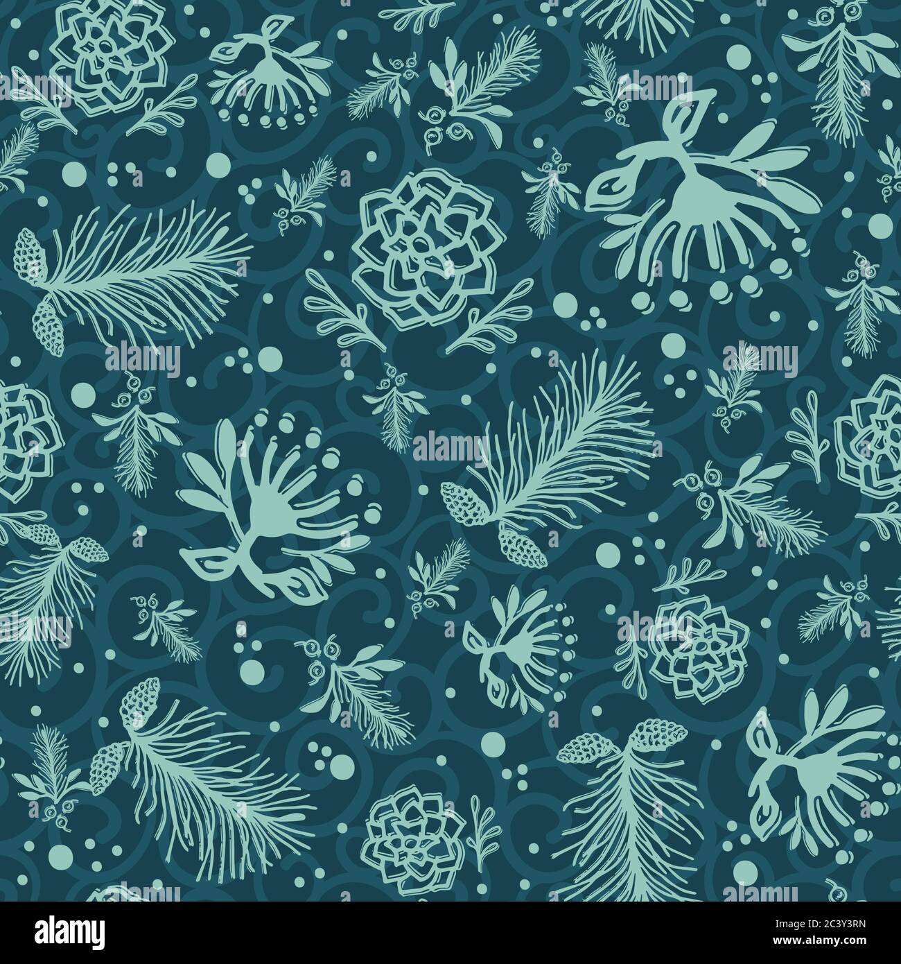 Disegno a mano astratto fogliame natalizio modello. Ramo di abete intossato, sfondo di fiore poinsettia. Vacanze invernali su tutta la stampa. Regalo di festa Illustrazione Vettoriale