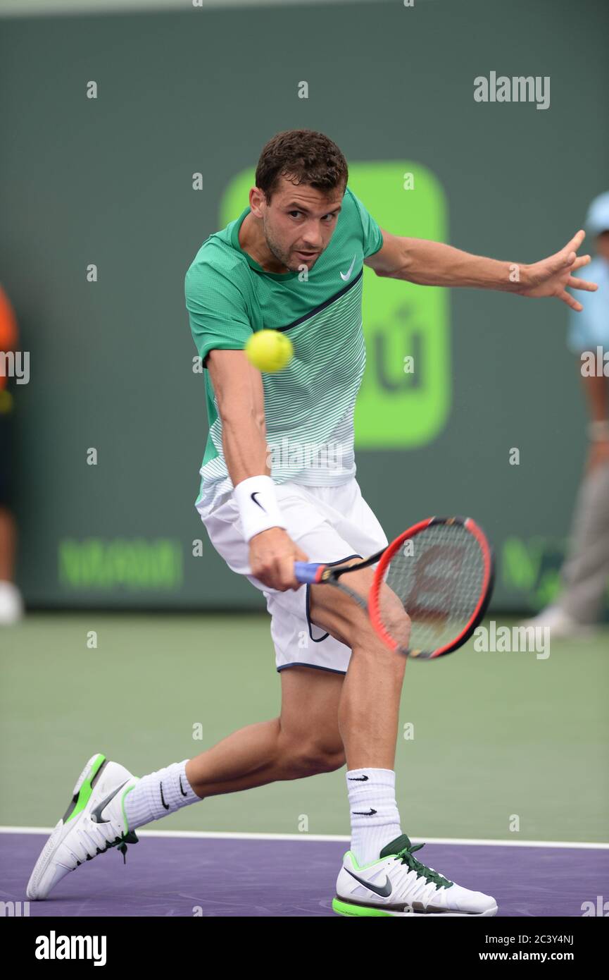 KEY BISCAYNE, FL - MARZO 28: Grigor Dimitrov della Bulgaria sconfigge Andy Murray della Gran Bretagna giorno 8 del Miami Open presentato da Itau al Crandon Park Tennis Center il 28 Marzo 2016 a Key Biscayne, Florida. Persone: Grigor Dimitrov credito: Storms Media Group/Alamy Live News Foto Stock