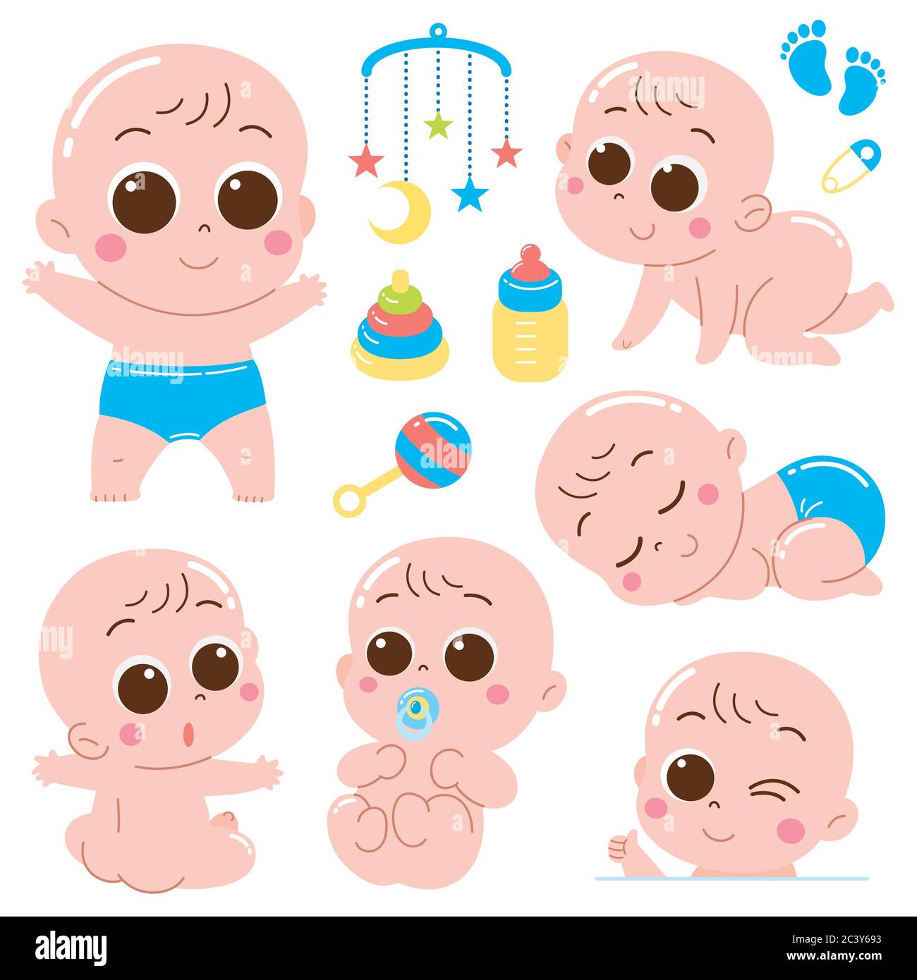 Illustrazione vettoriale del set di personaggi Cartoon Baby con il giocattolo. Bambino carino. Illustrazione Vettoriale