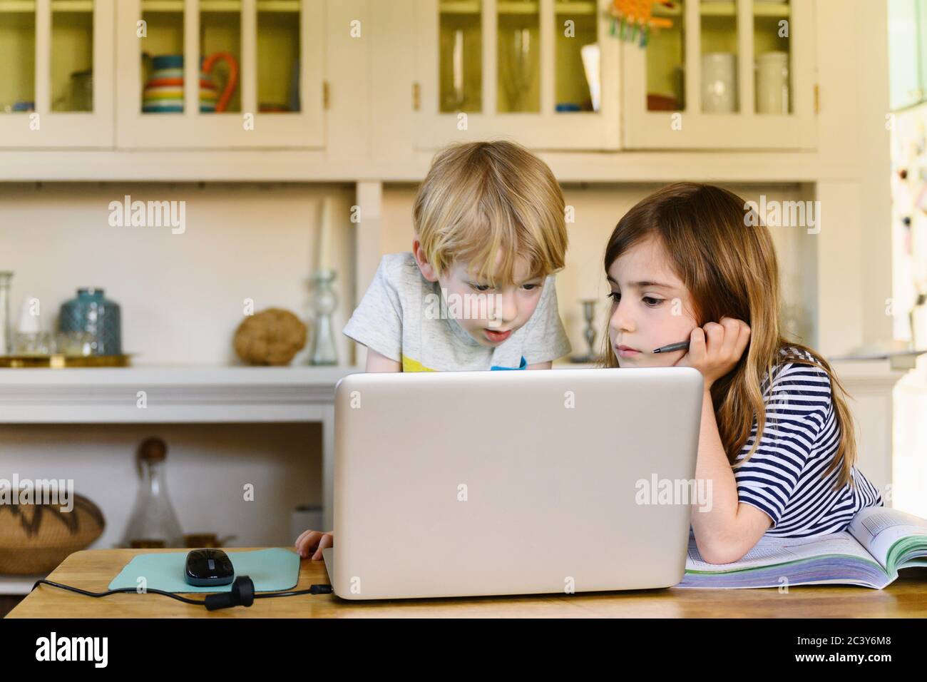 Ragazzo (4-5) e ragazza (6-7) che guardano il computer portatile a casa Foto Stock