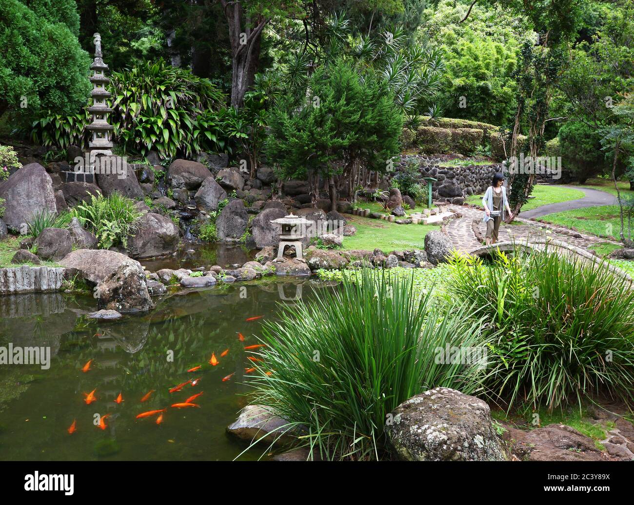 Un giardino giapponese con un laghetto di koi nel parco statale della Valle di Iao a Maui, Hawaii. Foto Stock