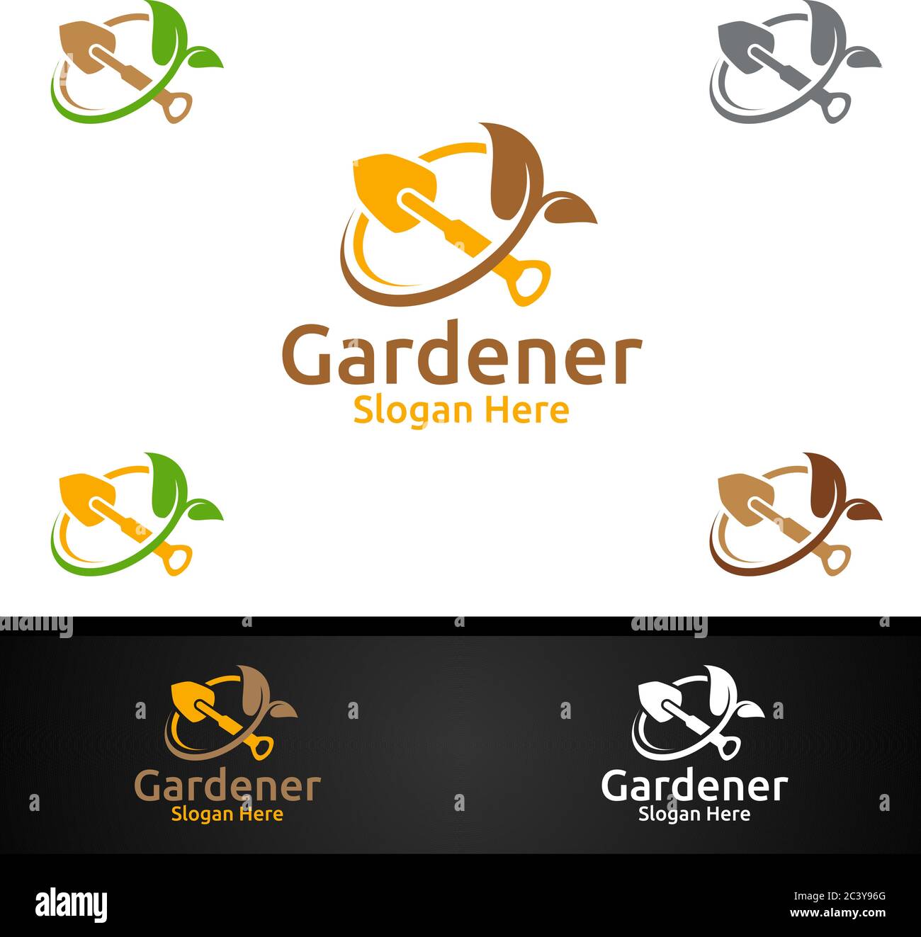 Logo SCOOP Gardener con Green Garden Environment o Botanical Agriculture Vector Design Illustrazione Illustrazione Vettoriale