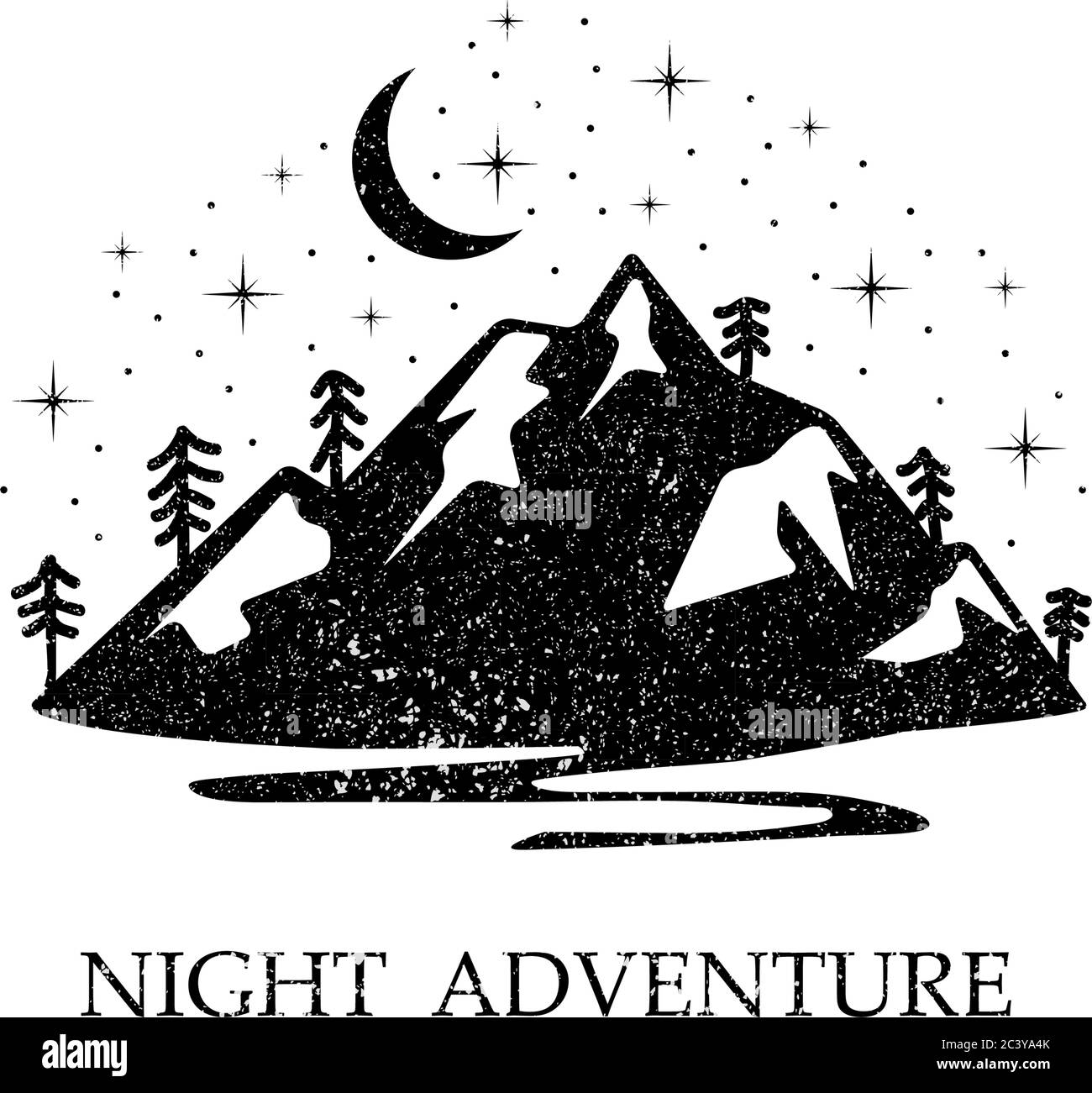 Avventura notturna in montagna, design con logo di bellezza in montagna, illustrazione vettoriale con logo rustico Illustrazione Vettoriale