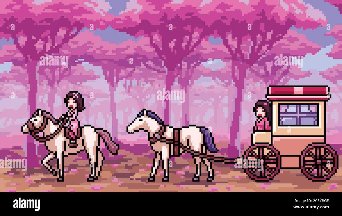 vettore pixel art scena pink foresta Illustrazione Vettoriale