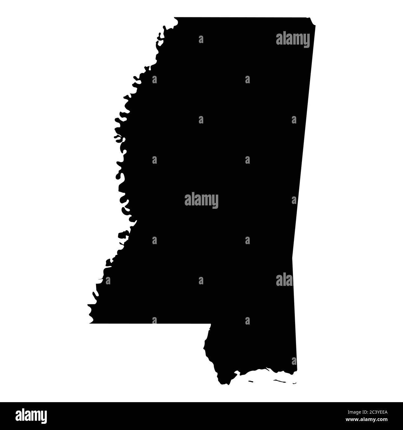 Mappe dello stato Mississippi MS. Mappa solida silhouette nera isolata su sfondo bianco. Vettore EPS Illustrazione Vettoriale