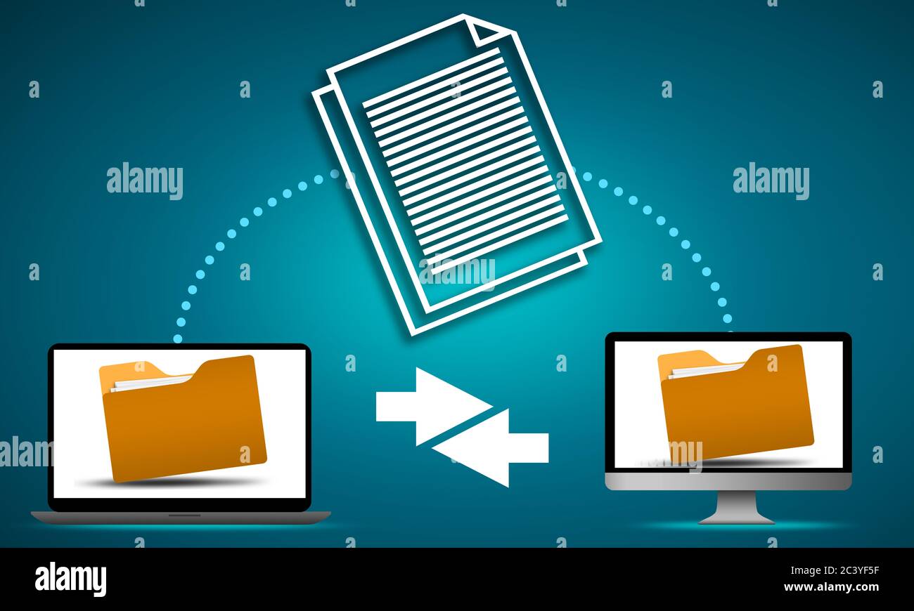 Concetto di condivisione dei file con trasferimento dei dati tra computer, rendering 3d Foto Stock