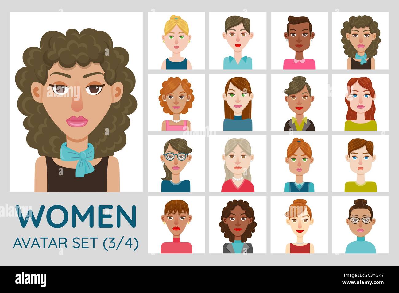 Set avatar femminile. Collezione di 16 avatar con diversi acconciature, forme del viso, colore della pelle e abbigliamento. Set 2 di 4. Illustrazione Vettoriale