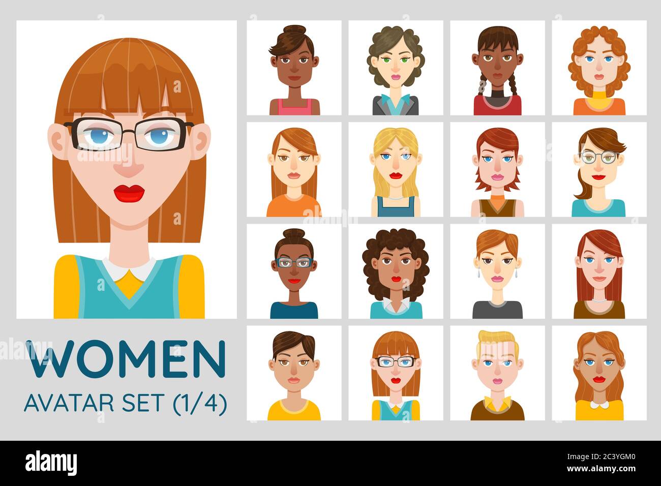 Set avatar femminile. Collezione di 16 avatar con diversi acconciature, forme del viso, colore della pelle e abbigliamento. Set 4 di 4. Illustrazione Vettoriale