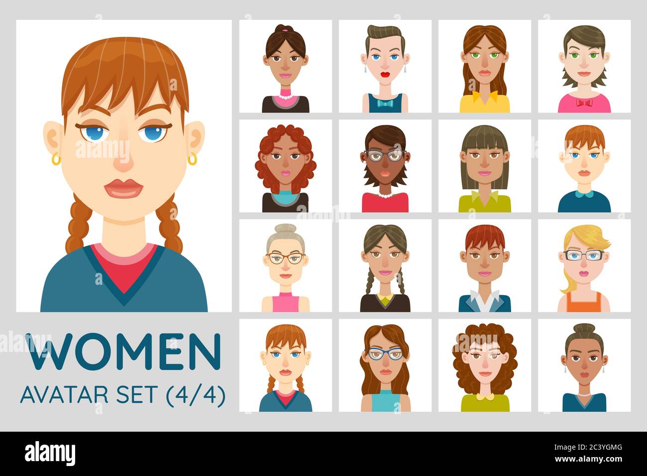 Set avatar femminile. Collezione di 16 avatar con diversi acconciature, forme del viso, colore della pelle e abbigliamento. Set 1 di 4. Illustrazione Vettoriale