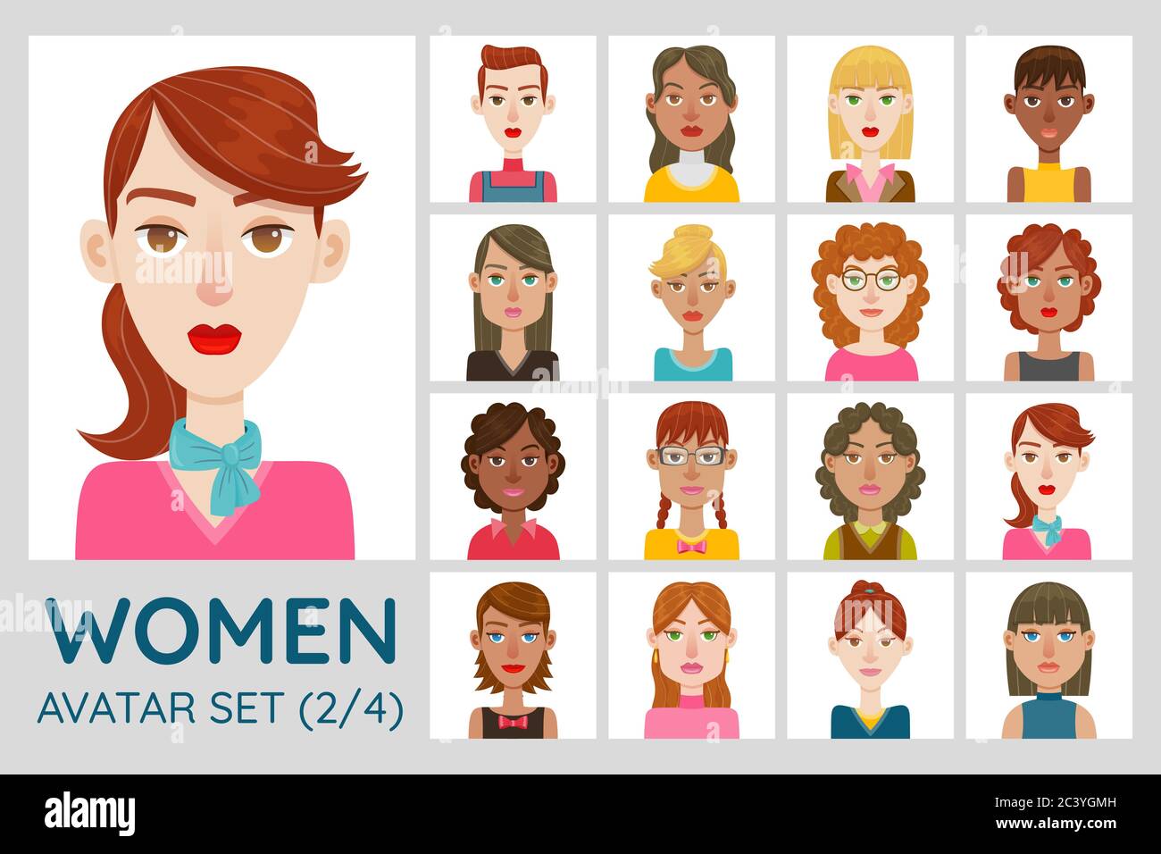 Set avatar femminile. Collezione di 16 avatar con diversi acconciature, forme del viso, colore della pelle e abbigliamento. Set 3 di 4. Illustrazione Vettoriale