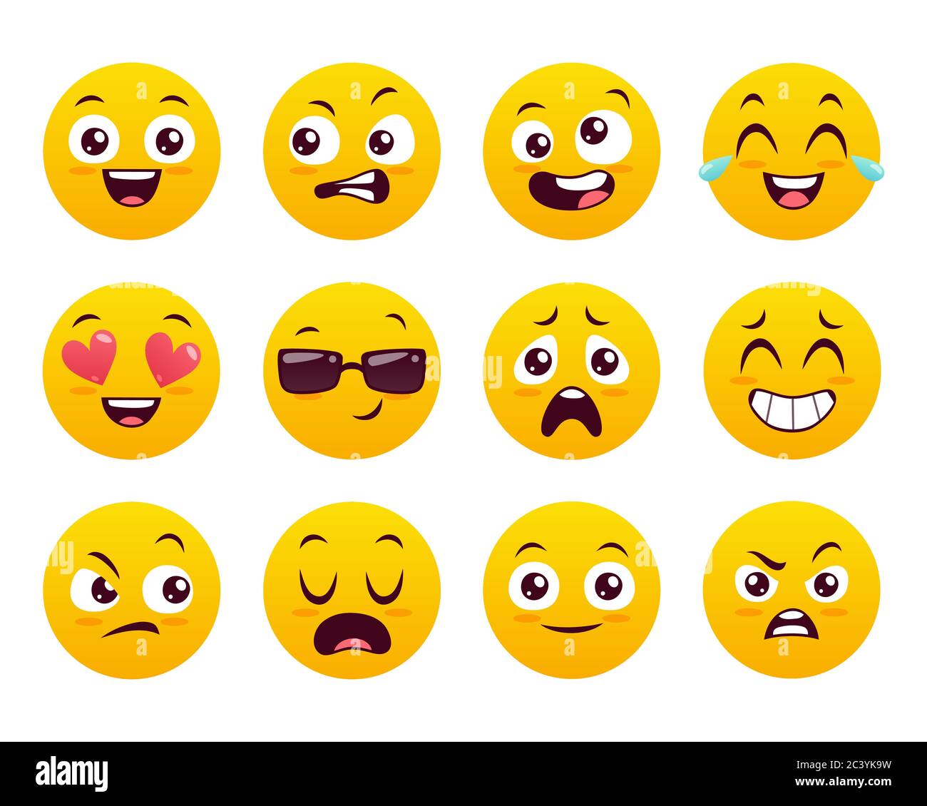 Icone emoticon impostate. Emiji gialli classici isolati su sfondo bianco. Collezione carina e divertente. Set 1 di 5. Illustrazione Vettoriale