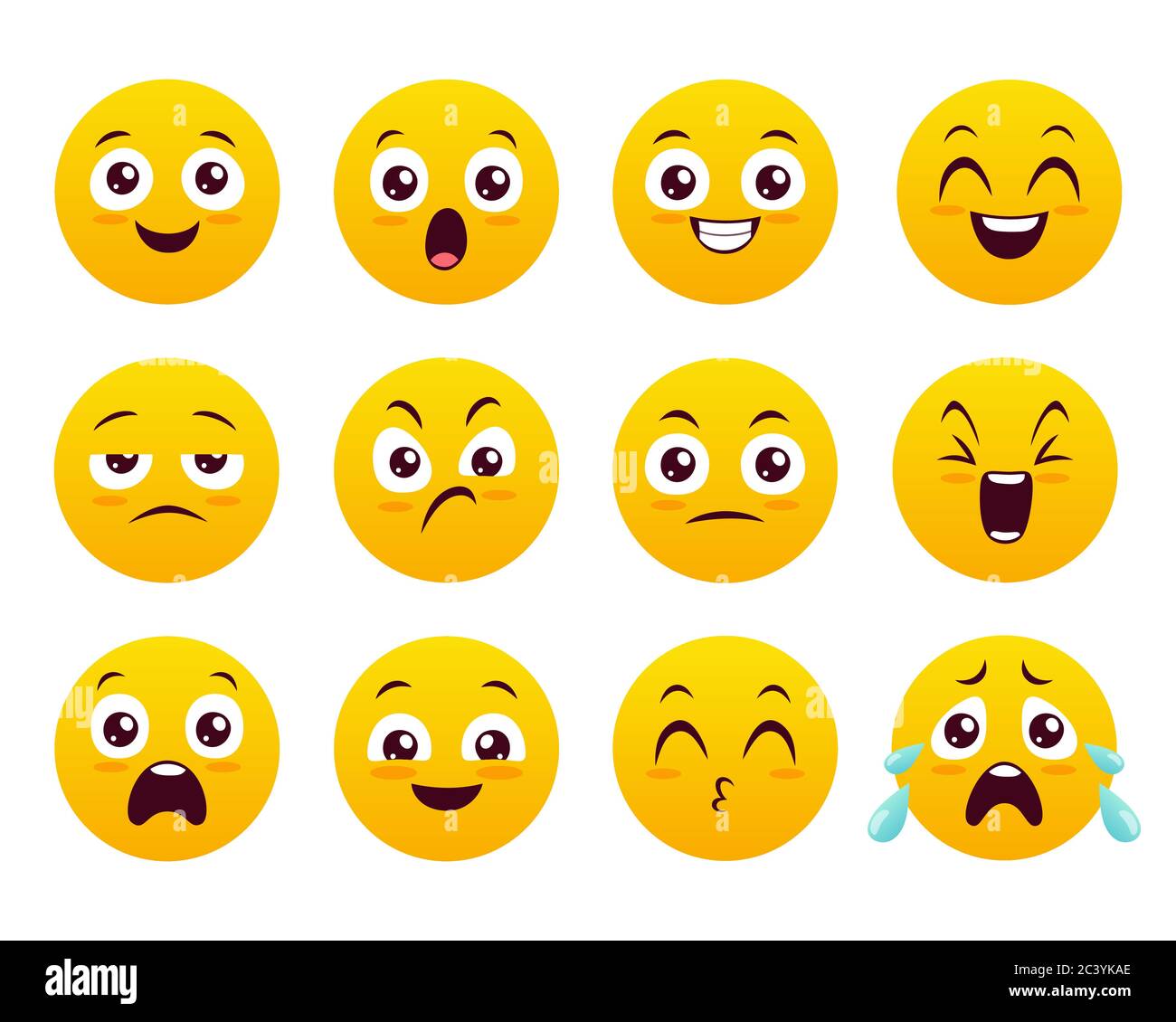 Icone emoticon impostate. Emiji gialli classici isolati su sfondo bianco. Collezione carina e divertente. Set 3 di 5. Illustrazione Vettoriale