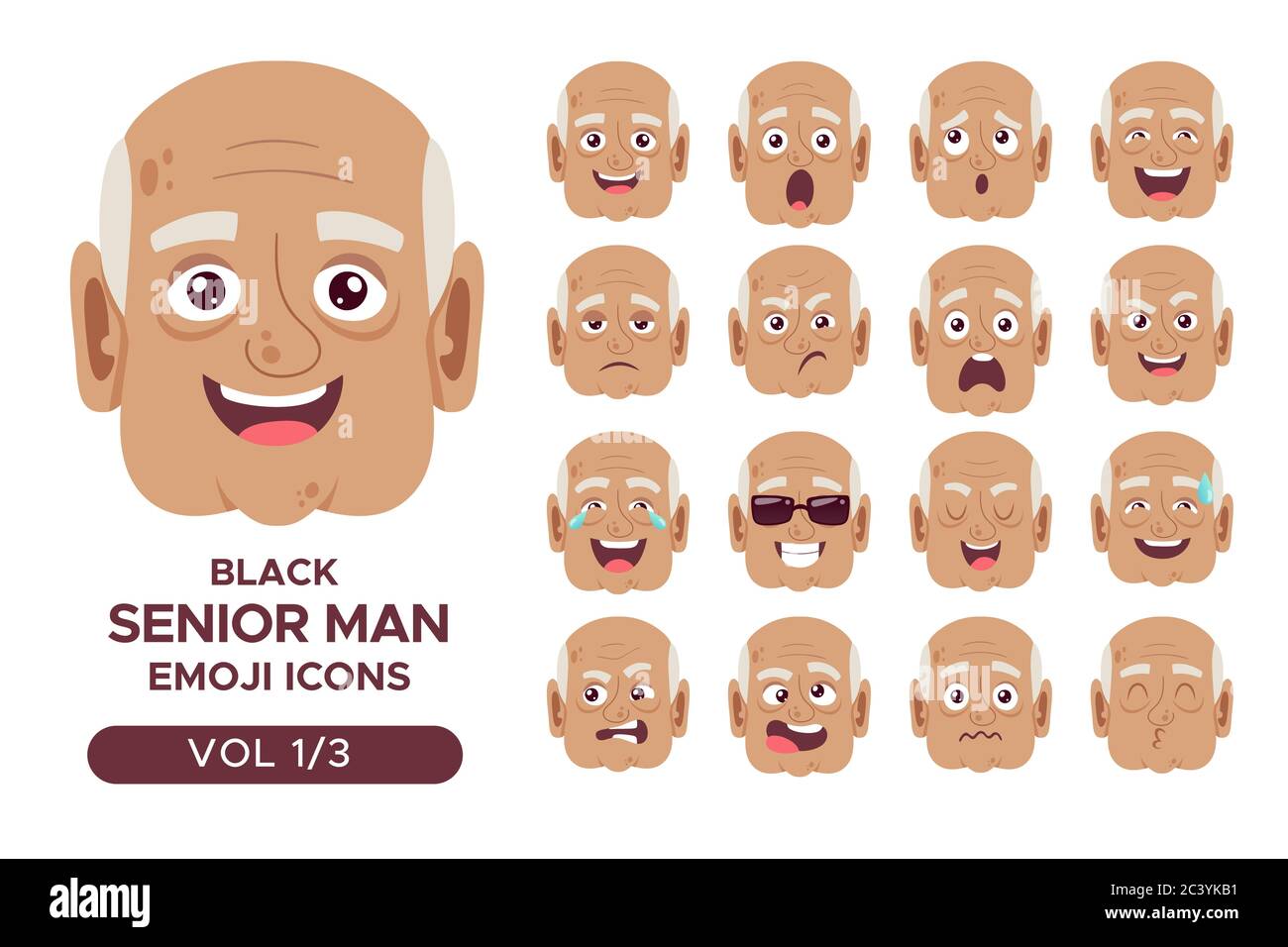 Set avatar emotivo facciale maschile. Bianco uomo anziano emoji carattere con espressioni diverse. Illustrazione vettoriale in stile cartoon. Set 1 di 3. Illustrazione Vettoriale