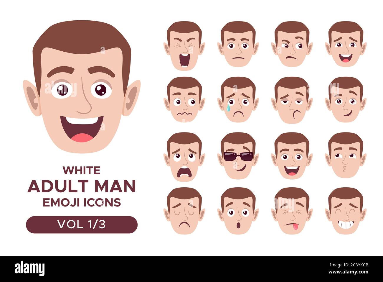 Set avatar emotivo facciale maschile. Personaggio bianco emoji uomo adulto con espressioni diverse. Illustrazione vettoriale in stile cartoon. Set 1 di 3. Illustrazione Vettoriale