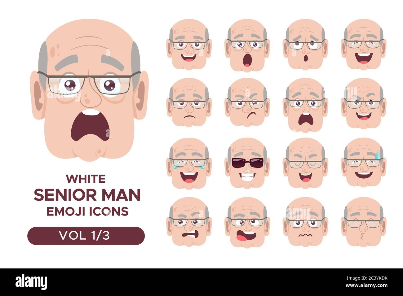 Set avatar emotivo facciale maschile. Bianco uomo anziano emoji carattere con espressioni diverse. Illustrazione vettoriale in stile cartoon. Set 1 di 3. Illustrazione Vettoriale