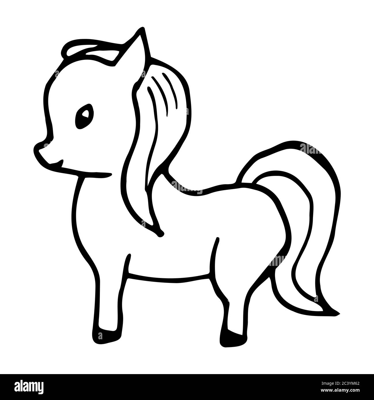 Cavallo tirato a mano (pony). Cavallo cartoon (pony) contorno stile doodle. Immagine vettoriale trasparente isolata su sfondo bianco. Decorazione per schede Illustrazione Vettoriale