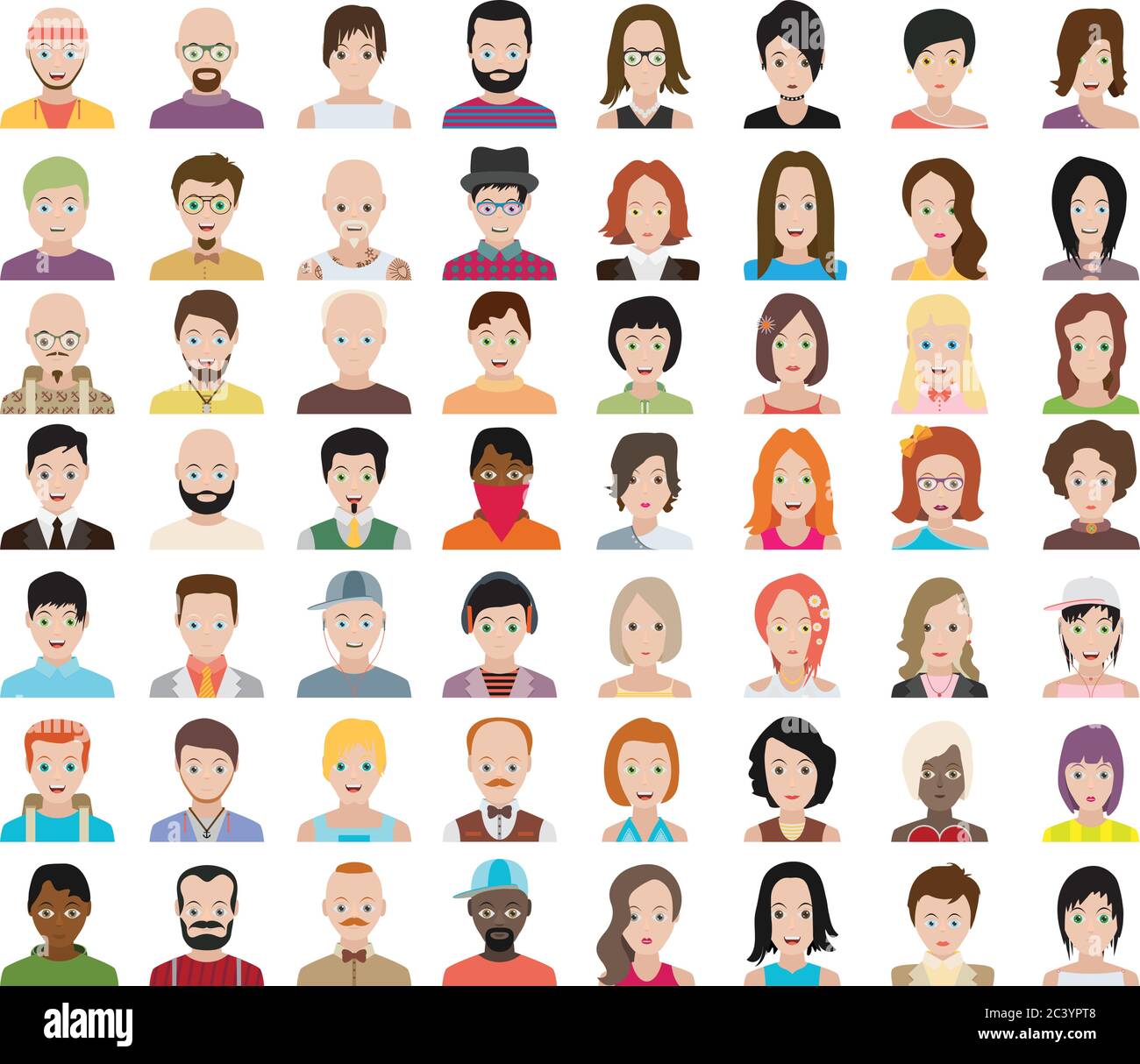 Set di icone persone in stile piatto con facce. Donne vettoriali, uomini carattere Illustrazione Vettoriale