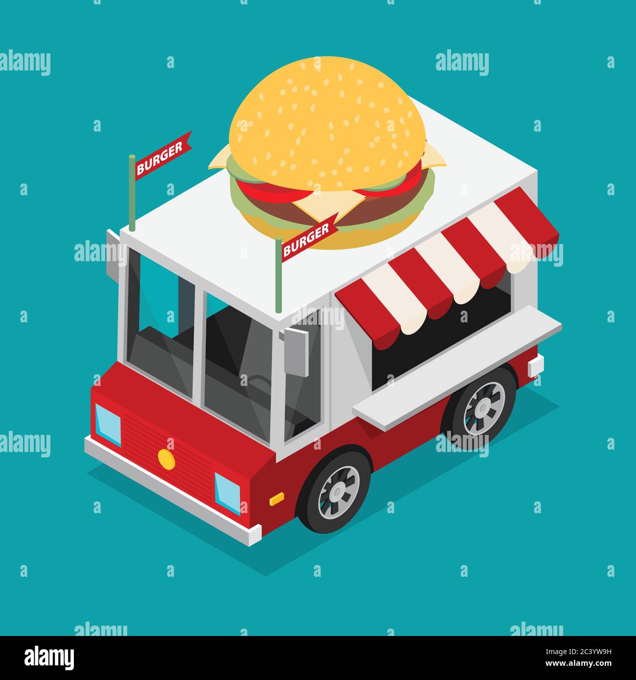 Illustrazione isometrica del camion alimentare in stile piatto Illustrazione Vettoriale