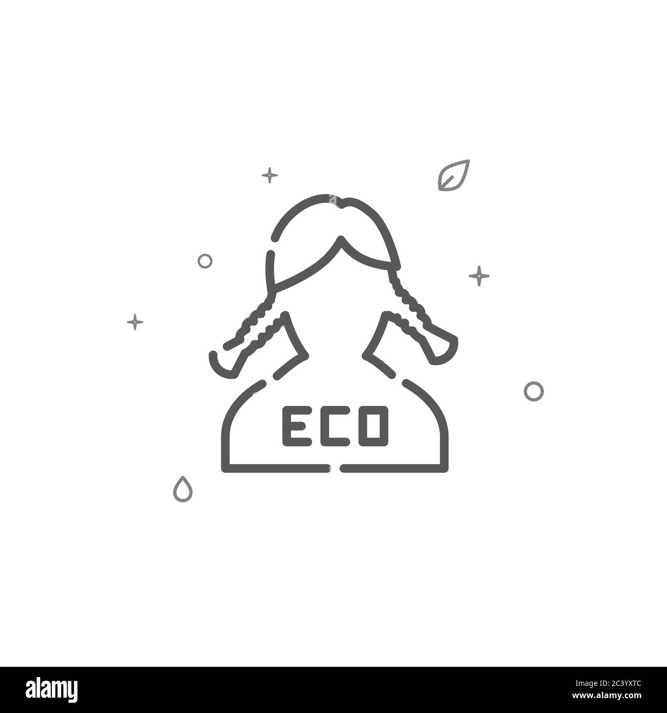Eco attivista, ragazza con pigtail semplice vettore linea icona. Cartello di protezione ambientale. Sfondo chiaro. Tratto modificabile Illustrazione Vettoriale