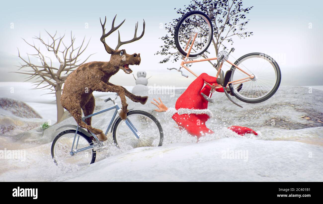 Divertente Lame e Bad Babbo Natale in bicicletta con le renne amiche in una  corsa. Buon Natale, Felice Anno Nuovo. San Nicola giorno. Concetto di  rendering 3D Foto stock - Alamy