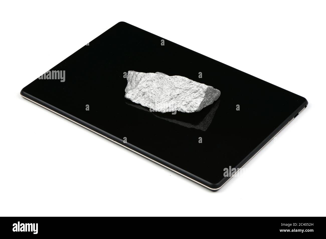 Pappagallo argento su tablet pc isolato su sfondo bianco. Foto ad alta risoluzione. Profondità di campo completa. Foto Stock