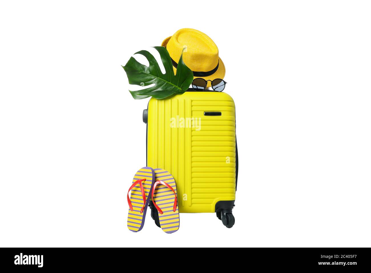 Composizione con borsa da viaggio isolata su sfondo bianco Foto Stock