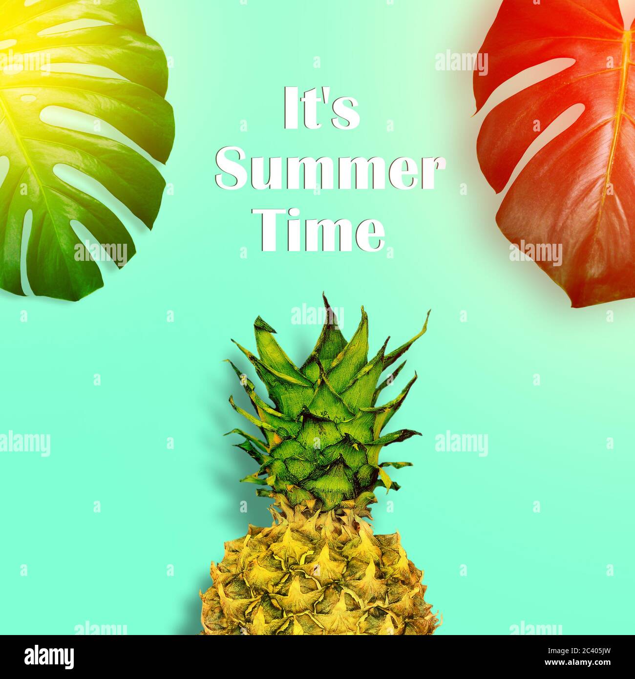 Ananas, foglia di monstera e il testo ora estiva. Concetto di vacanza estiva, intrattenimento e festa estiva. Design minimo. Foto Stock