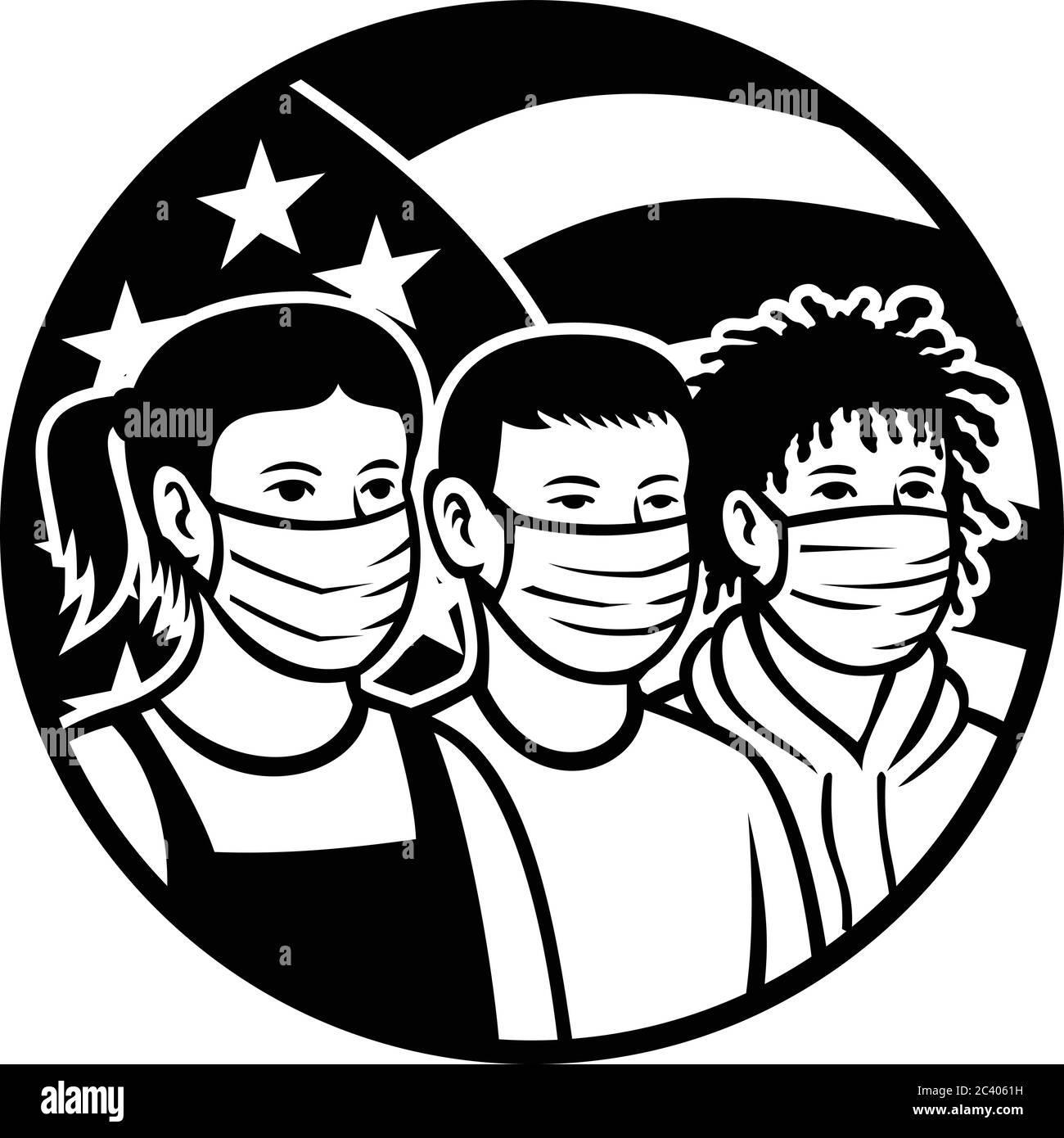 Illustrazione in stile retrò bianco e nero di bambini americani di razza o etnia diversa indossando maschera facciale con stelle USA e strisce di bandiera set Illustrazione Vettoriale