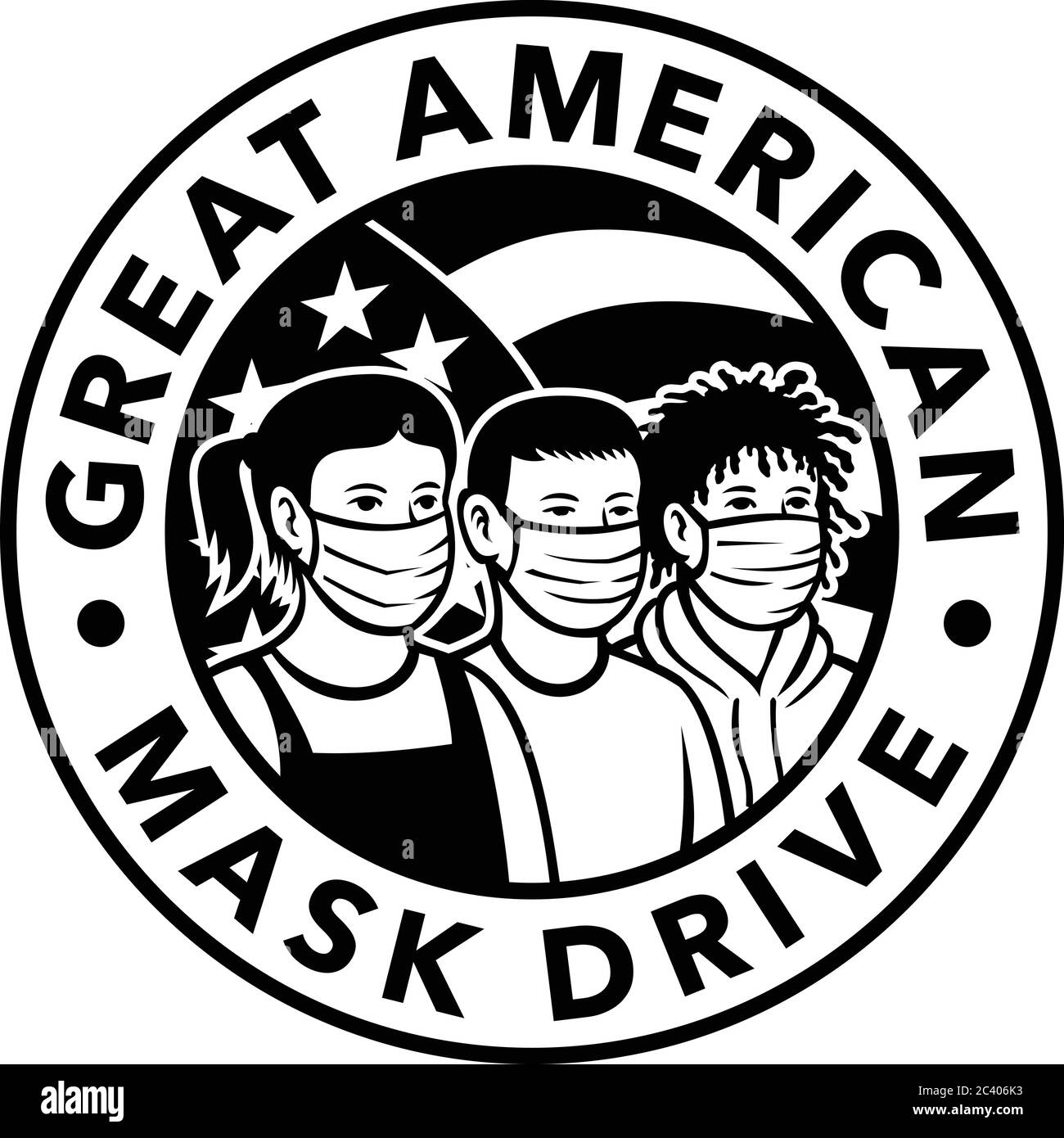 Illustrazione in stile retrò di bambini americani di razza o etnia diversa indossando maschera facciale con stelle USA e strisce bandiera all'interno cerchio con parola Illustrazione Vettoriale
