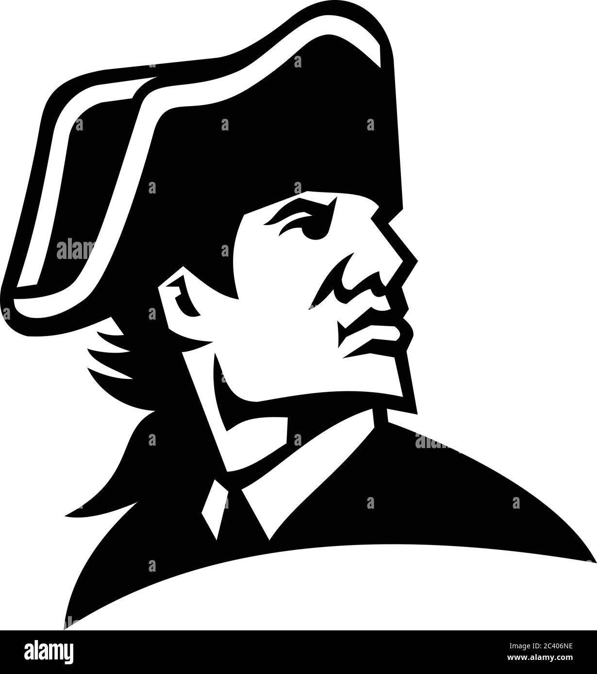 Mascotte in bianco e nero illustrazione di testa di un comandante militare della rivoluzione americana o generale che indossa cappello tricorno guardando a lato su un'isolata ba Illustrazione Vettoriale