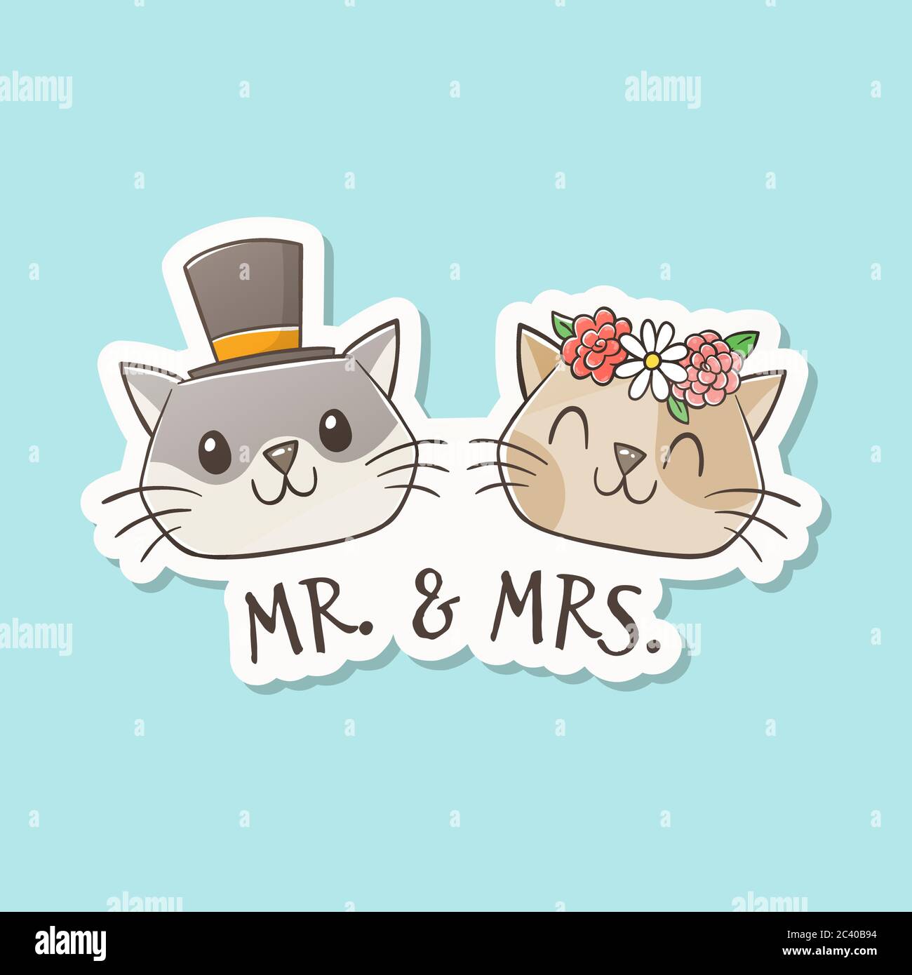 Il signor e la signora Cat si sposano. Graziosi gatti disegnati a mano con cappelli da cerimonia nuziale. Concetto di amanti dei gatti. Concetto di coppia e matrimonio. Vettore cartoon Illustrazione Vettoriale