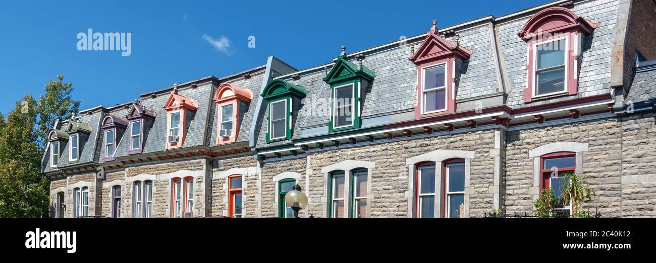 Panorama di case vittoriane colorate in le plateau Mont Royal Borough a Montreal, Quebec Foto Stock