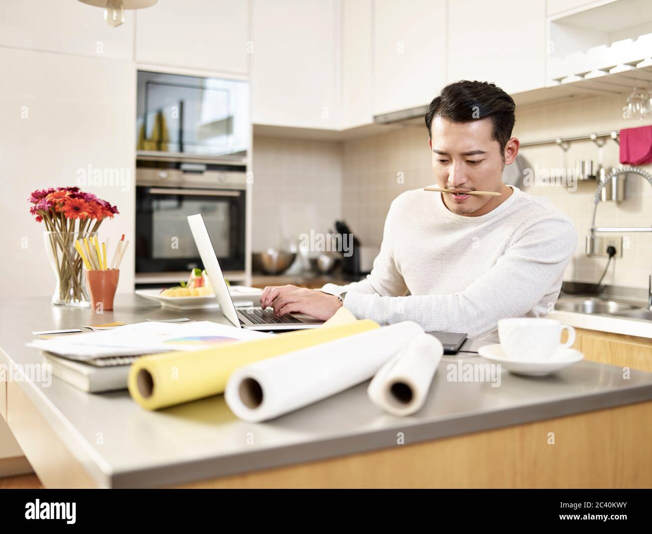 designer freelance asiatico che lavora da casa utilizzando un computer portatile Foto Stock
