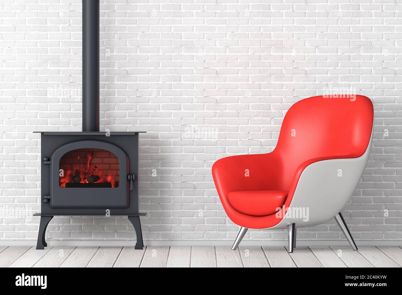 Moderna sedia relax in pelle rossa a forma ovale con stufa Home Camino  Classic Оpen con tubo di Chimney e legna da ardere bruciare in fiamma calda  rossa di fronte a b