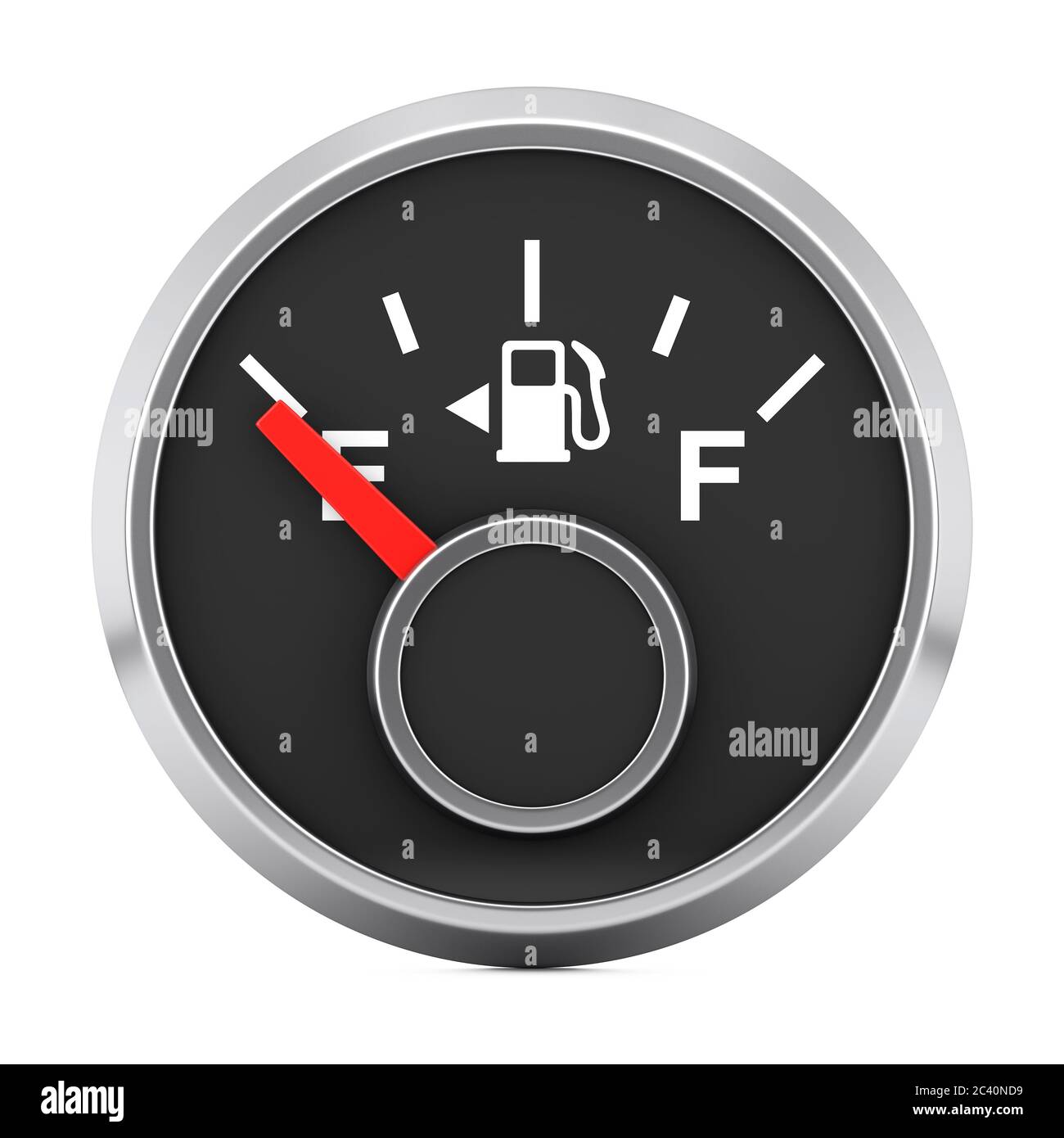 Indicatore del quadro strumenti carburante che mostra un serbatoio vuoto su sfondo bianco. Rendering 3d Foto Stock