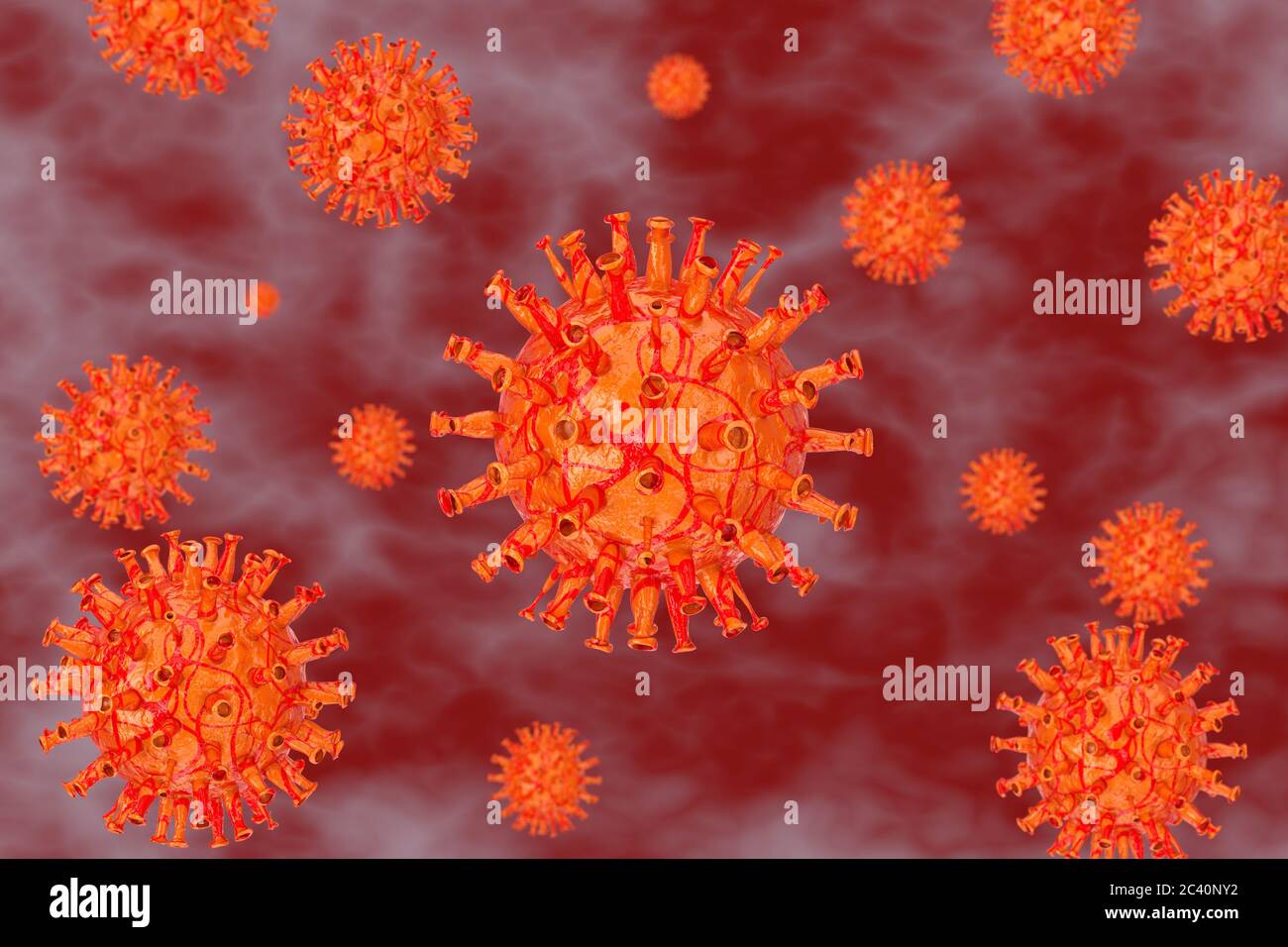 Nuove cellule di Coronavirus COVID-19 che galleggianti nel microscopio dell'organismo umano Closeup estremo. Rendering 3d Foto Stock
